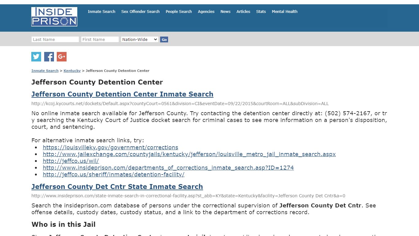 Jefferson County Detention Center - Kentucky - Inmate Search